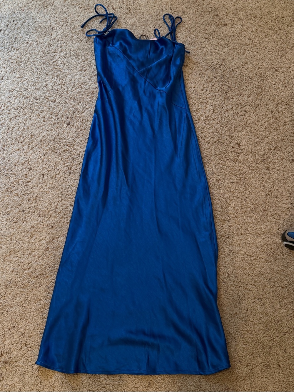 Hello Molly Blue Satin Slip Midi Dress with Spaghetti Straps